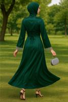 Tesettür giyim YEŞİL SATEN ABİYE ELBİSE T 5744