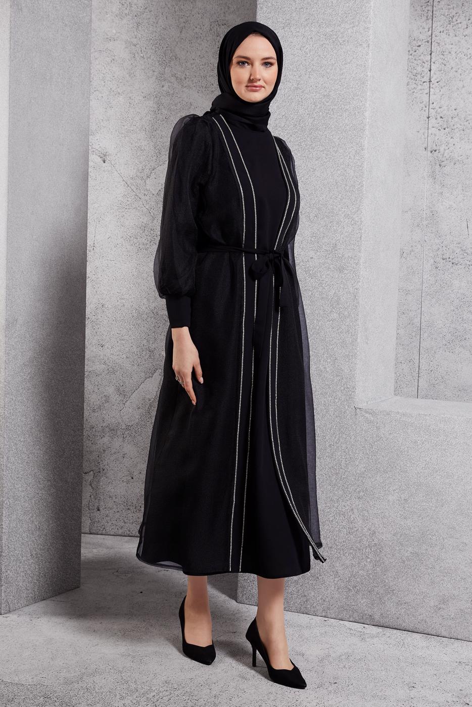 Tesettür giyim SİYAH TÜL DETAYLI ABİYE ELBİSE T 6264