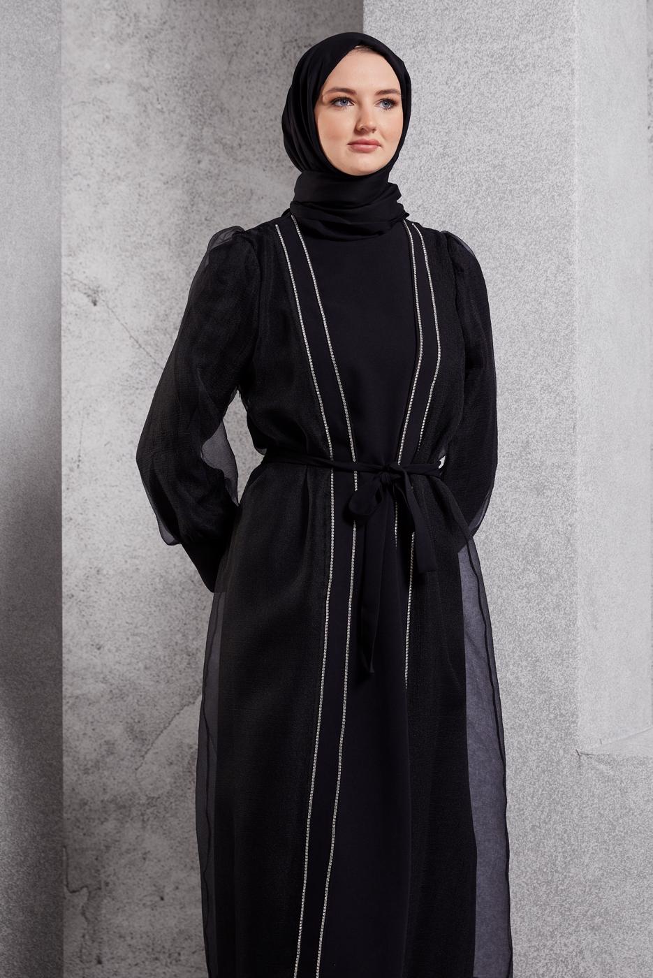 Tesettür giyim SİYAH TÜL DETAYLI ABİYE ELBİSE T 6264