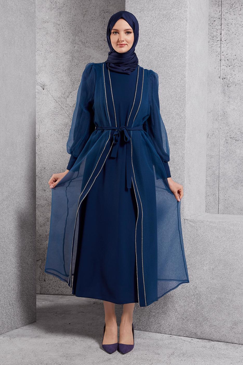 Tesettür giyim LACİVERT TÜL DETAYLI ABİYE ELBİSE T 6264
