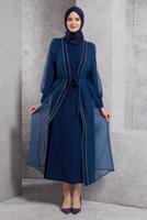 Tesettür giyim LACİVERT TÜL DETAYLI ABİYE ELBİSE T 6264