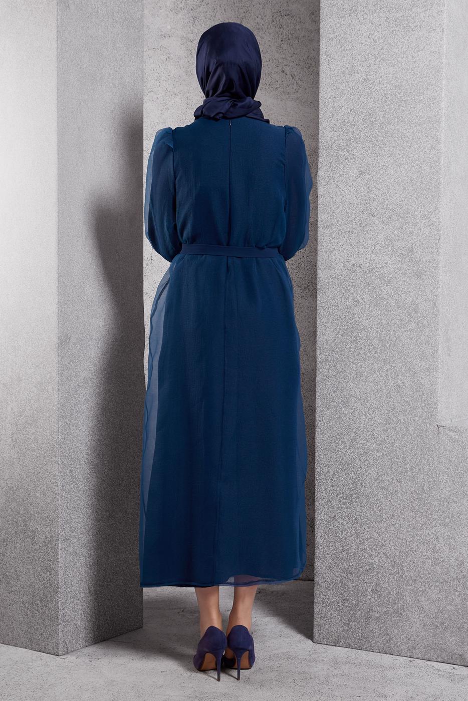 Tesettür giyim LACİVERT TÜL DETAYLI ABİYE ELBİSE T 6264