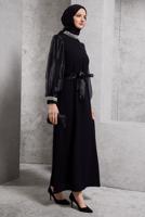 Tesettür giyim SİYAH KUŞAKLI TESETTÜR ABİYE ELBİSE T 6754