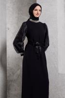 Tesettür giyim SİYAH KUŞAKLI TESETTÜR ABİYE ELBİSE T 6754