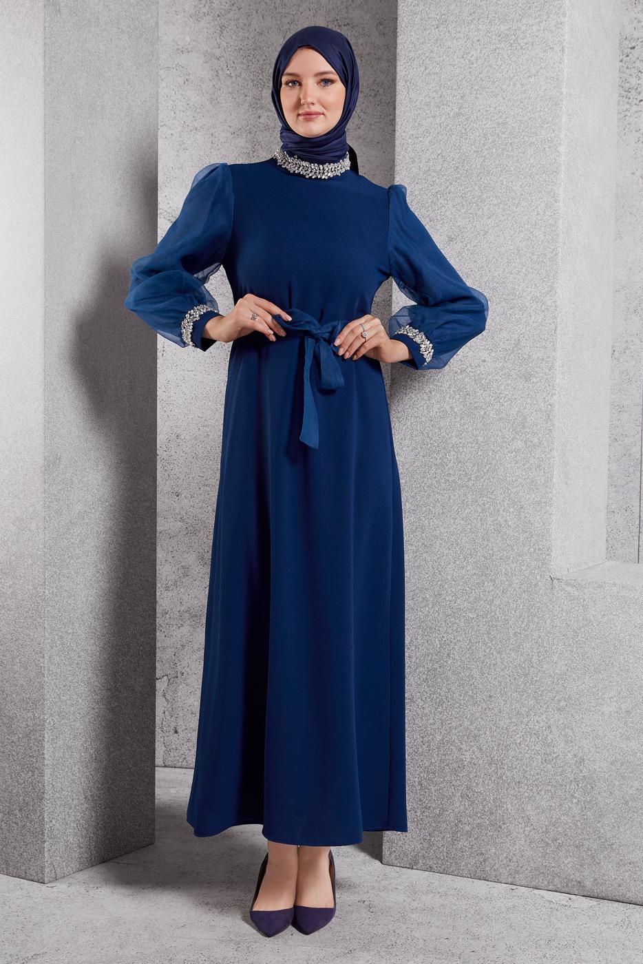 Tesettür giyim LACİVERT KUŞAKLI TESETTÜR ABİYE ELBİSE T 6754