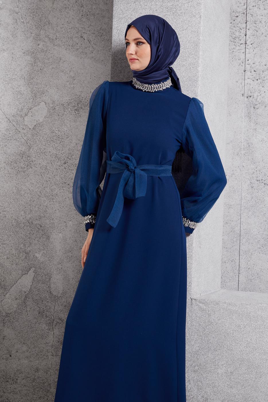 Tesettür giyim LACİVERT KUŞAKLI TESETTÜR ABİYE ELBİSE T 6754