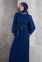 Tesettür giyim LACİVERT KUŞAKLI TESETTÜR ABİYE ELBİSE T 6754