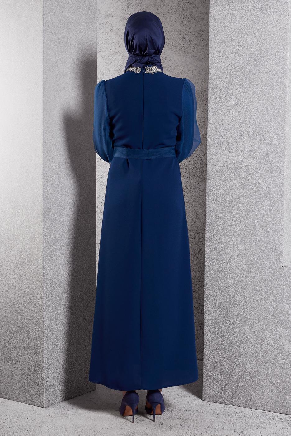 Tesettür giyim LACİVERT KUŞAKLI TESETTÜR ABİYE ELBİSE T 6754