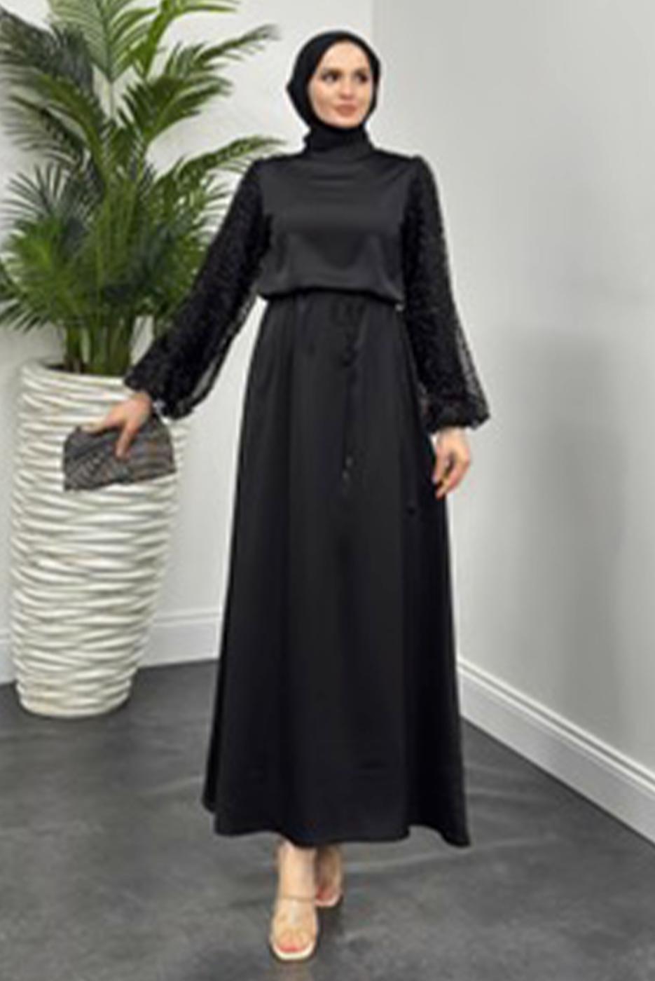 Tesettür giyim SİYAH SATEN ABİYE ELBİSE T 7616