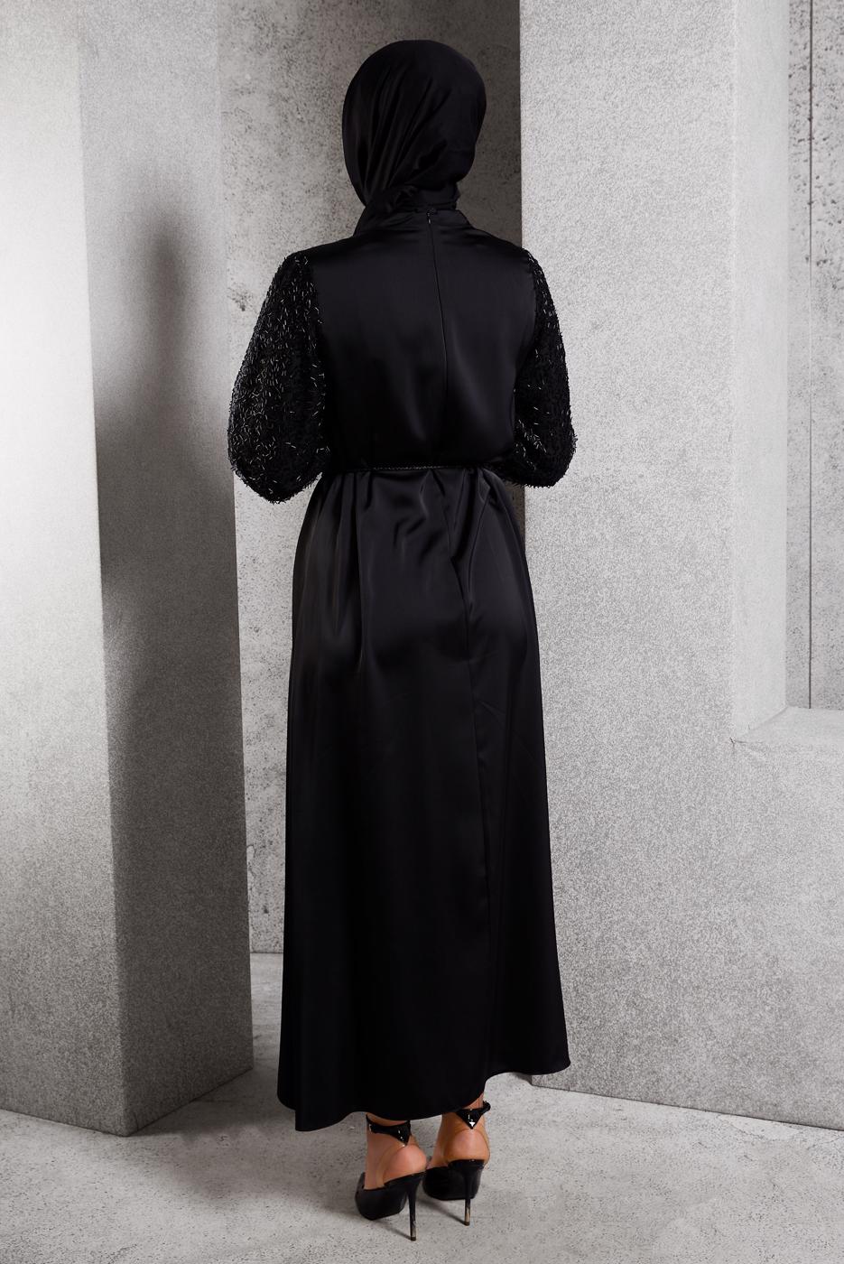 Tesettür giyim SİYAH SATEN ABİYE ELBİSE T 7616