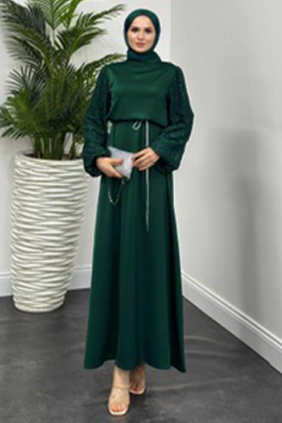 Tesettür giyim YEŞİL SATEN ABİYE ELBİSE T 7616