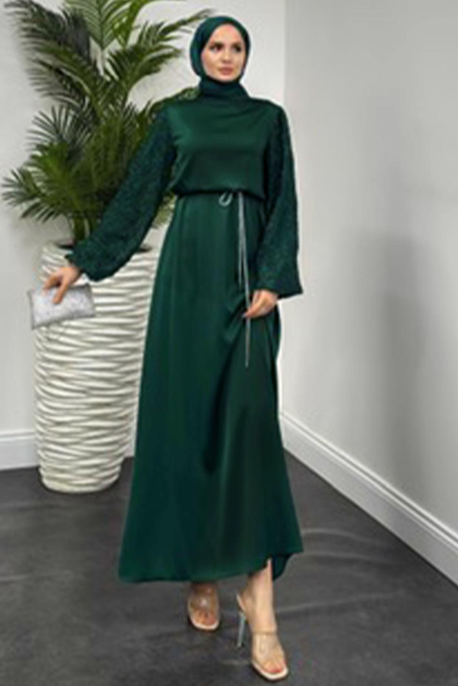 Tesettür giyim YEŞİL SATEN ABİYE ELBİSE T 7616