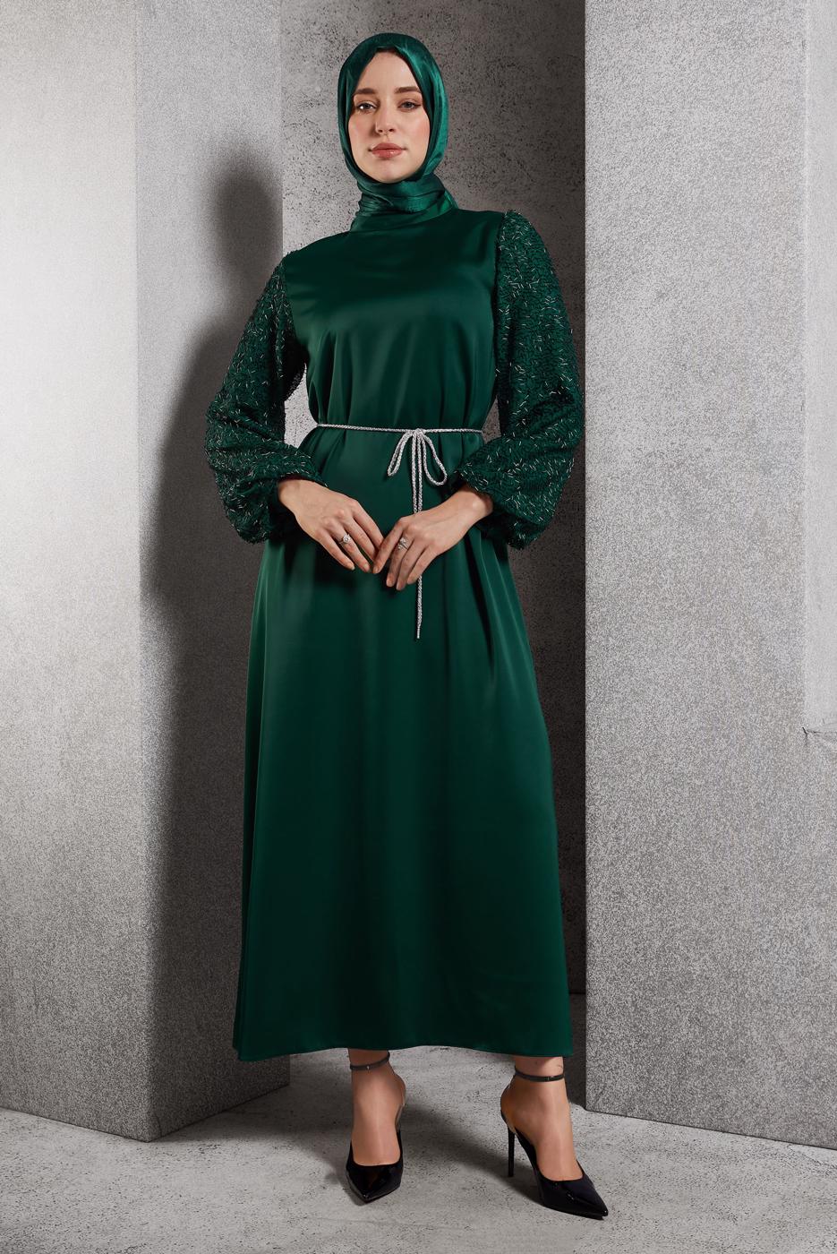 Tesettür giyim YEŞİL SATEN ABİYE ELBİSE T 7616
