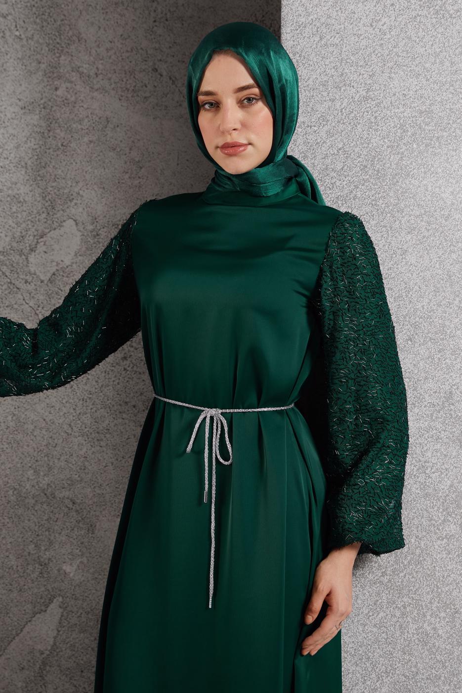 Tesettür giyim YEŞİL SATEN ABİYE ELBİSE T 7616
