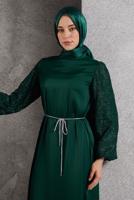 Tesettür giyim YEŞİL SATEN ABİYE ELBİSE T 7616