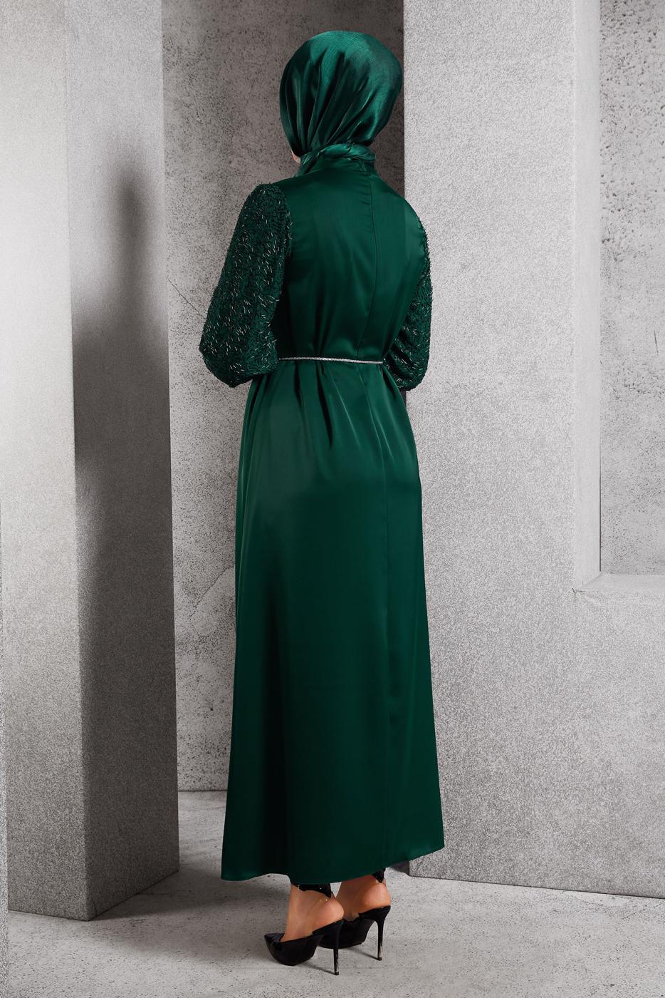 Tesettür giyim YEŞİL SATEN ABİYE ELBİSE T 7616