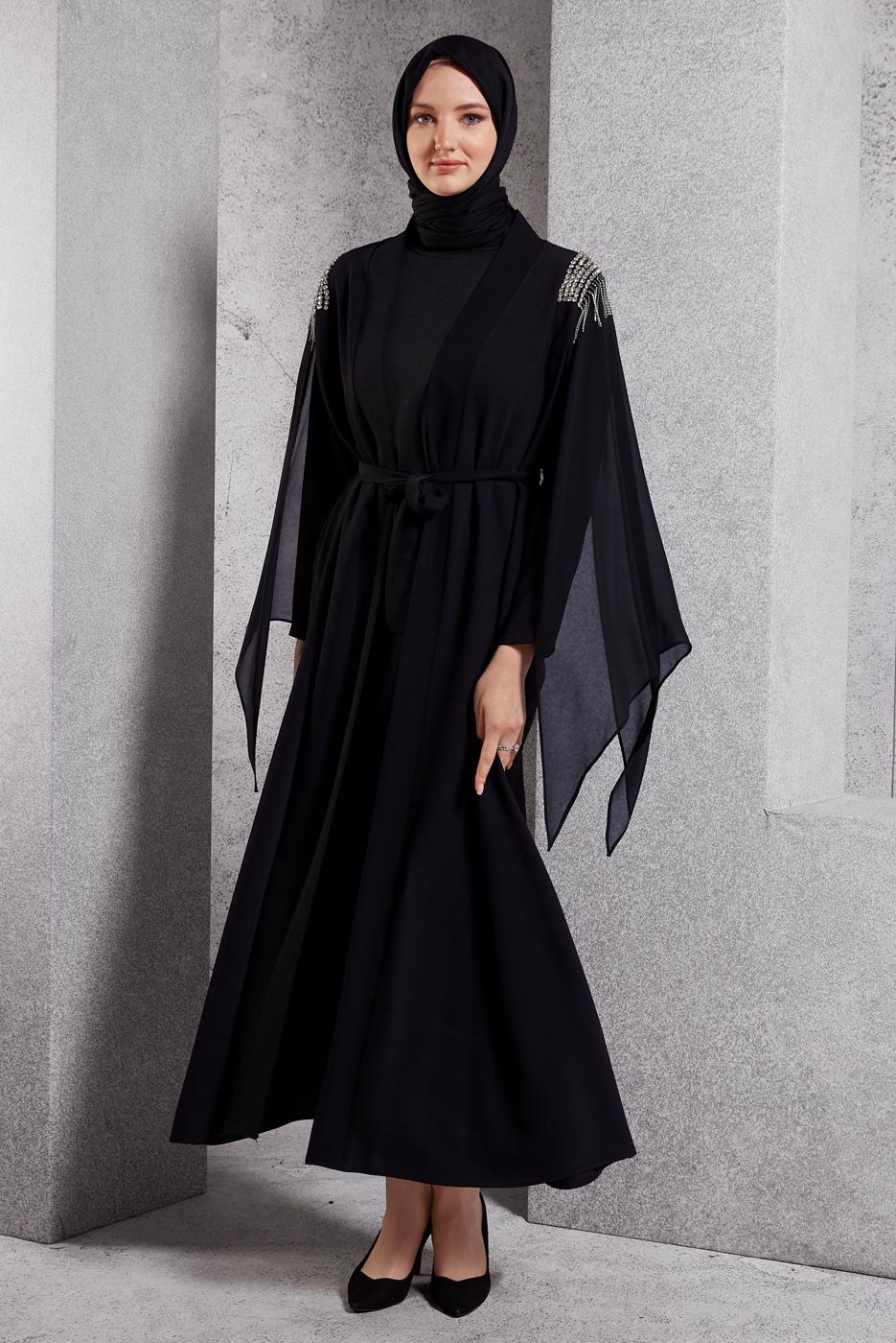 Tesettür giyim SİYAH TAŞ DETAYLI ABAYA T 8164