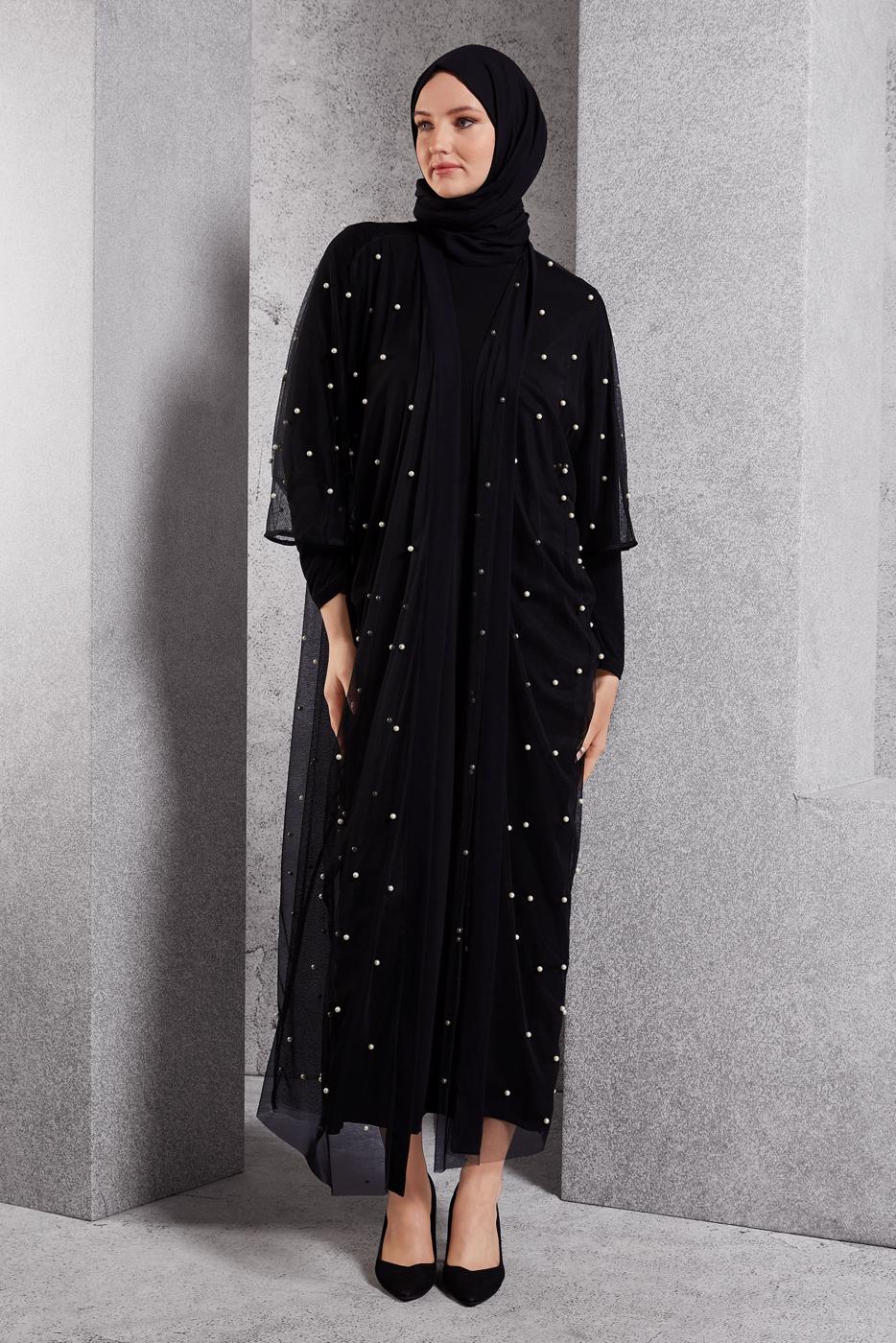 Tesettür giyim SİYAH İNCİ DETAYLI ABİYE ELBİSE T 8264