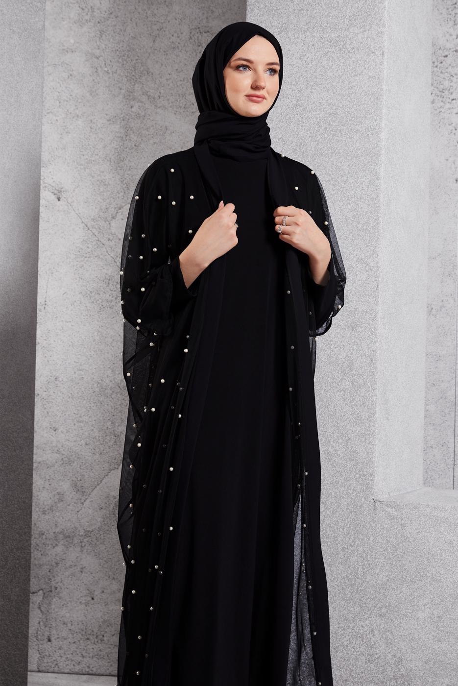 Tesettür giyim SİYAH İNCİ DETAYLI ABİYE ELBİSE T 8264