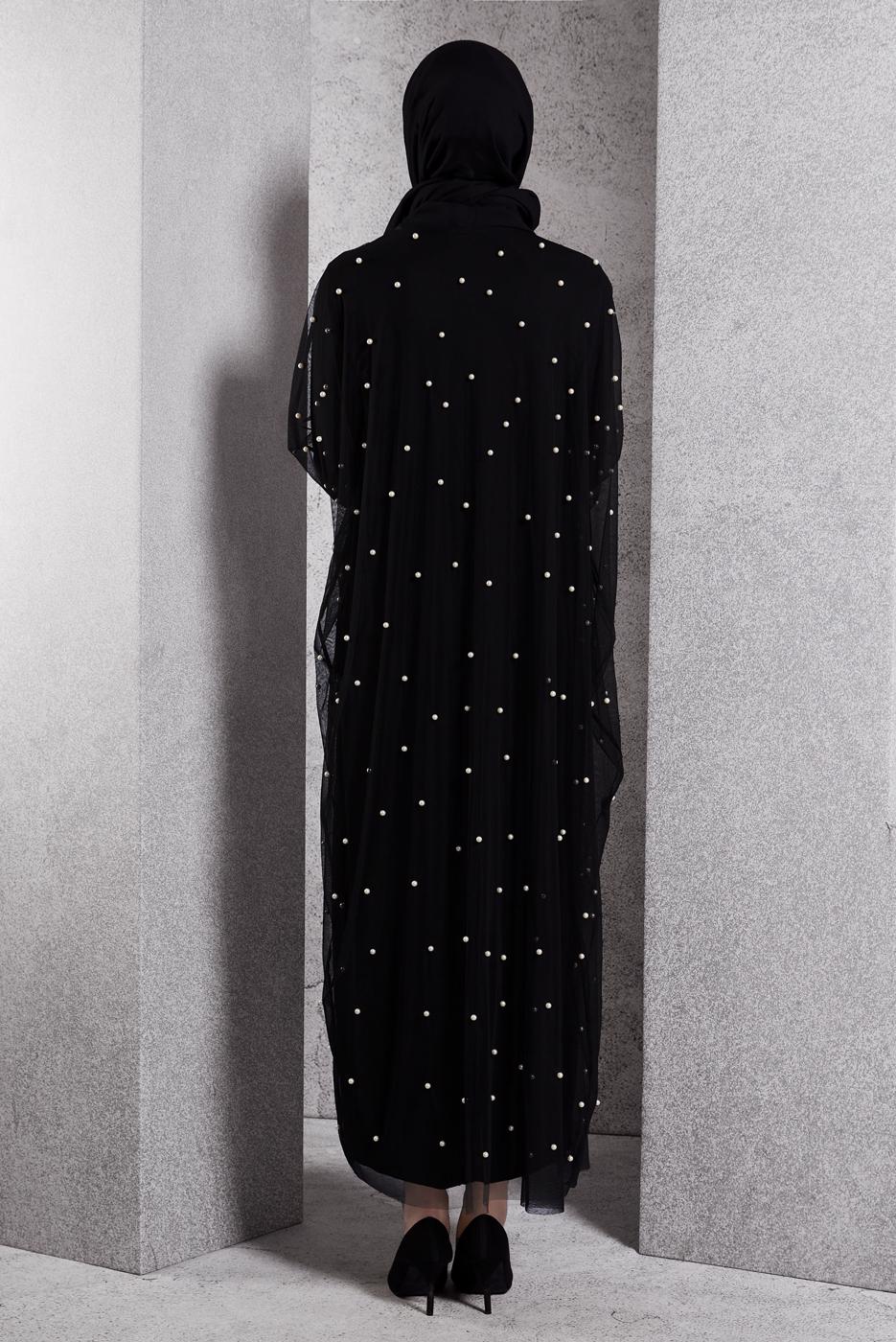 Tesettür giyim SİYAH İNCİ DETAYLI ABİYE ELBİSE T 8264