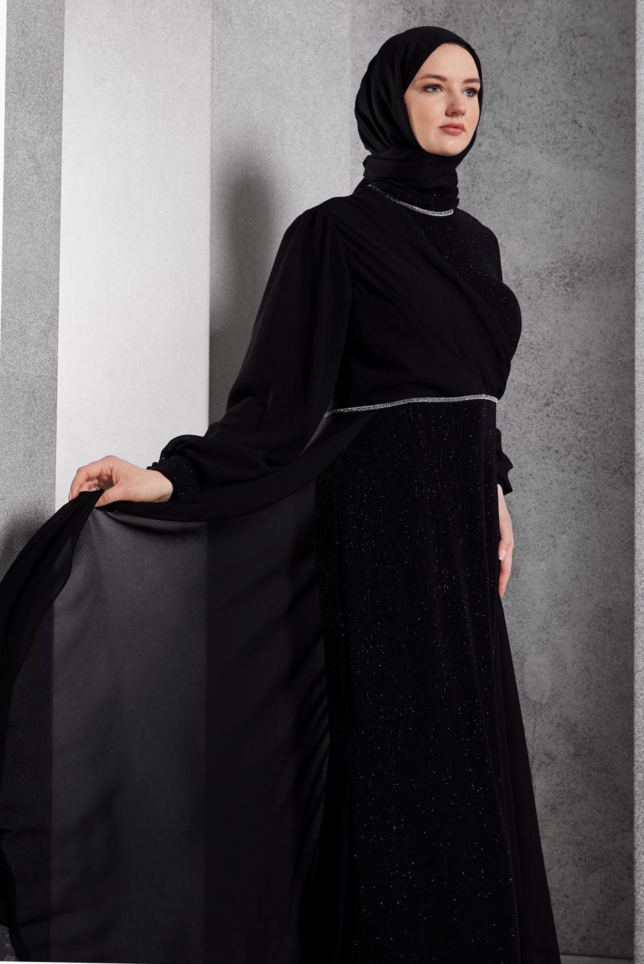 Tesettür giyim SİYAH SİMLİ ABİYE ELBİSE T 8444