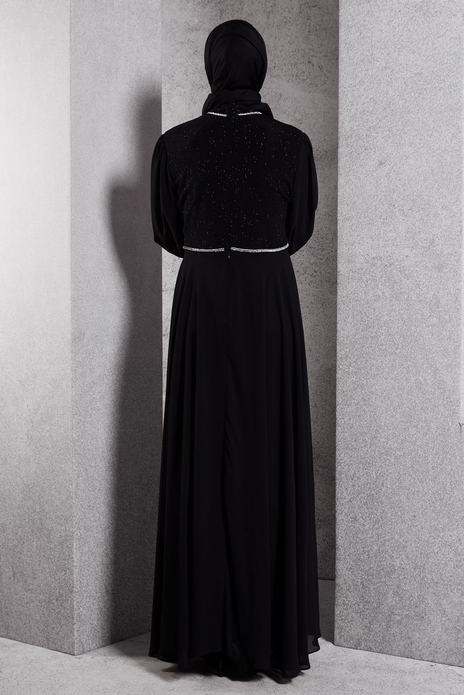 Tesettür giyim SİYAH SİMLİ ABİYE ELBİSE T 8444
