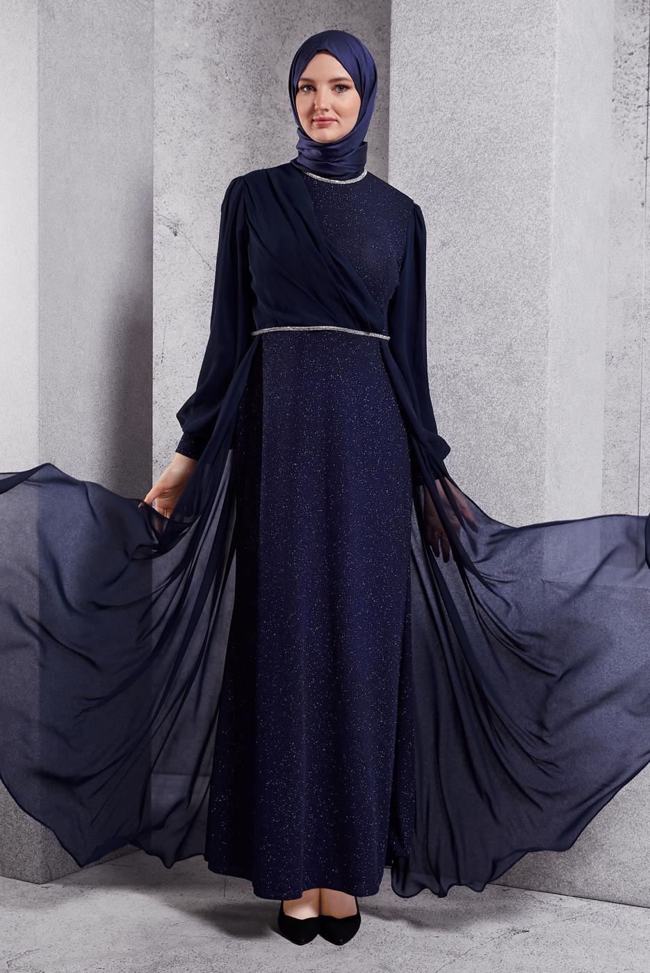 Tesettür giyim LACİVERT SİMLİ ABİYE ELBİSE T 8444