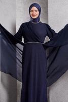 Tesettür giyim LACİVERT SİMLİ ABİYE ELBİSE T 8444