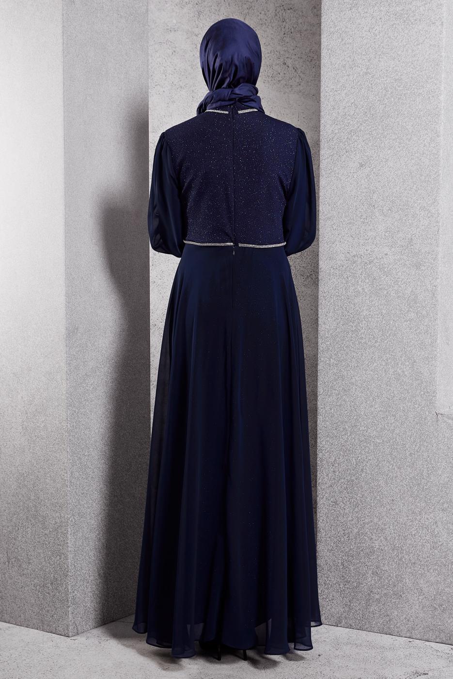 Tesettür giyim LACİVERT SİMLİ ABİYE ELBİSE T 8444