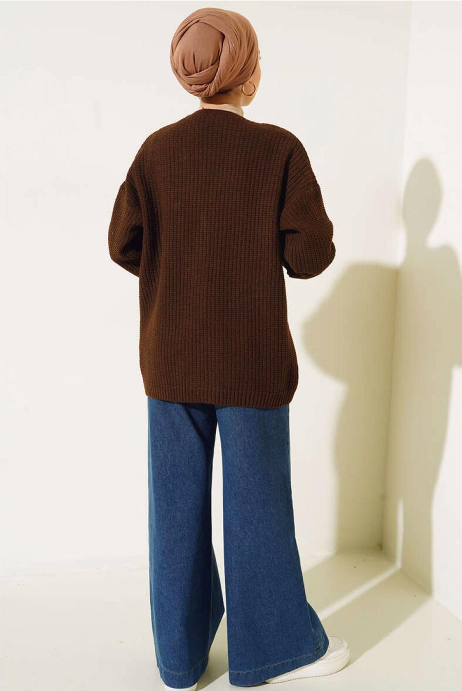 Tesettür giyim KAHVE ÇİÇEK NAKIŞLI TRİKO HIRKA T 183