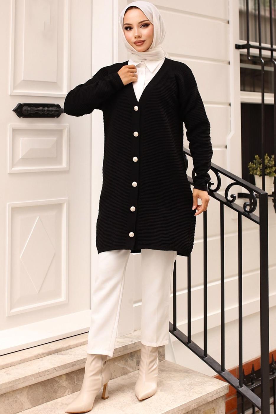 Tesettür giyim SİYAH DÜĞMELİ HIRKA T 1903