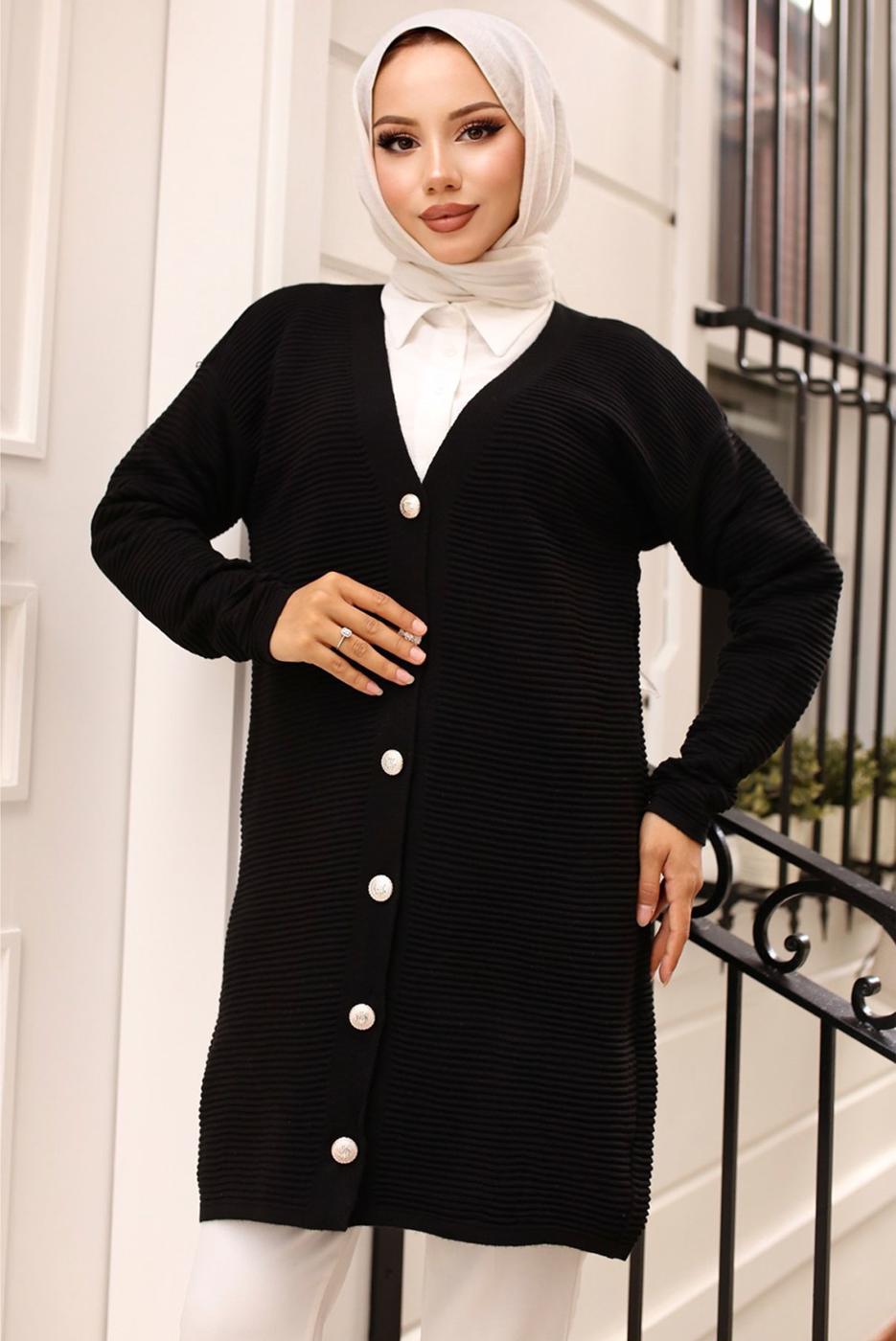 Tesettür giyim SİYAH DÜĞMELİ HIRKA T 1903