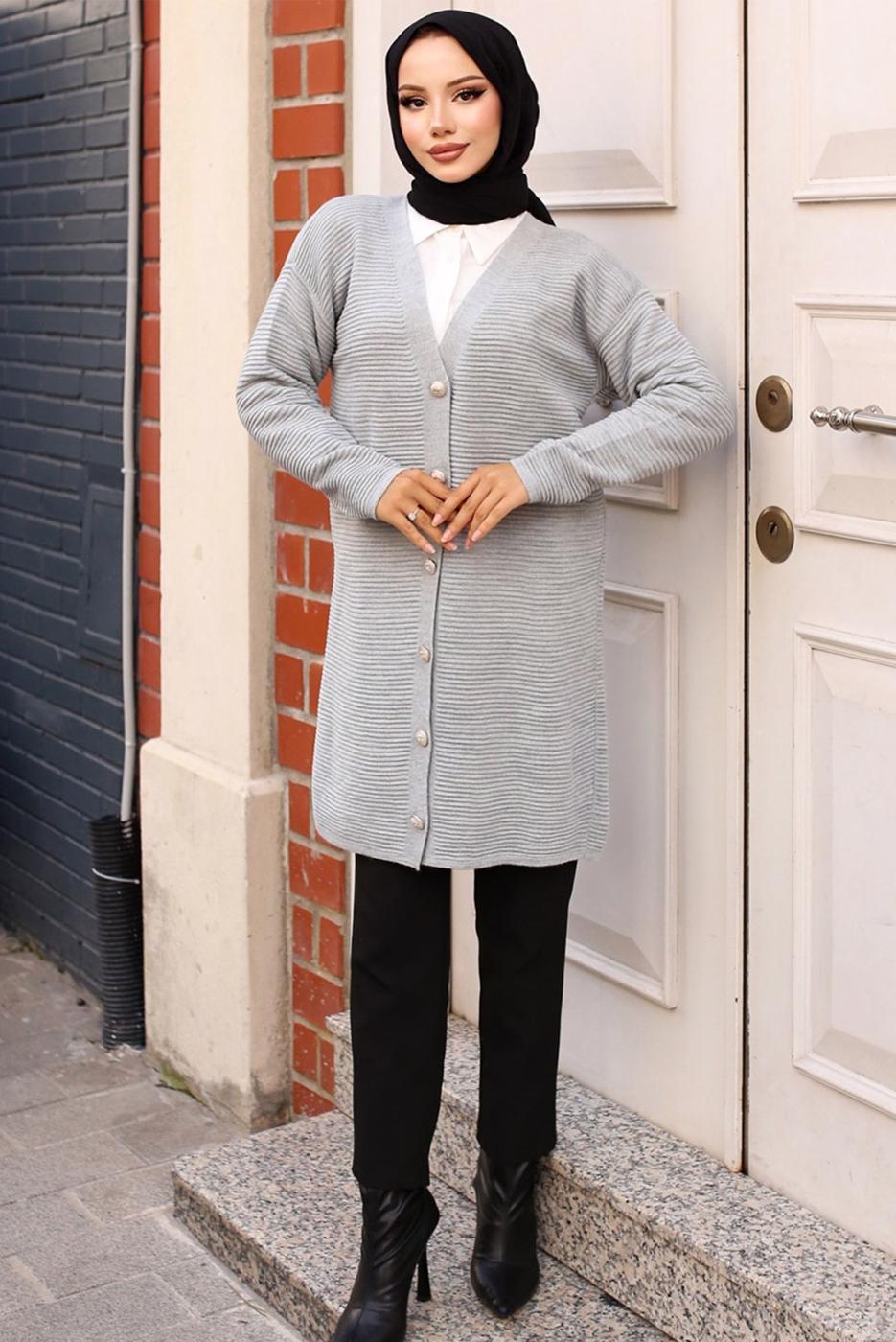 Tesettür giyim GRİ DÜĞMELİ HIRKA T 1903