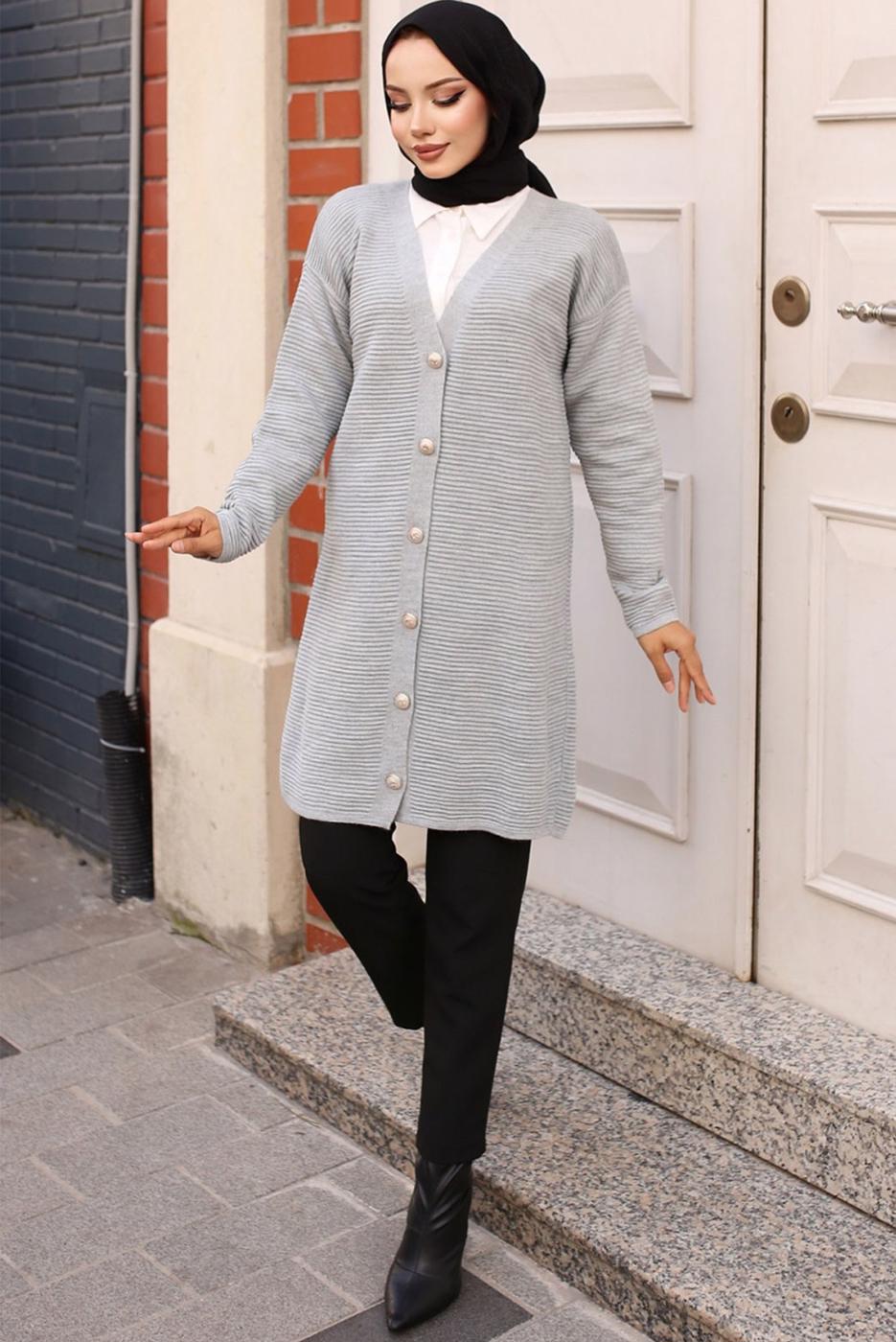 Tesettür giyim GRİ DÜĞMELİ HIRKA T 1903