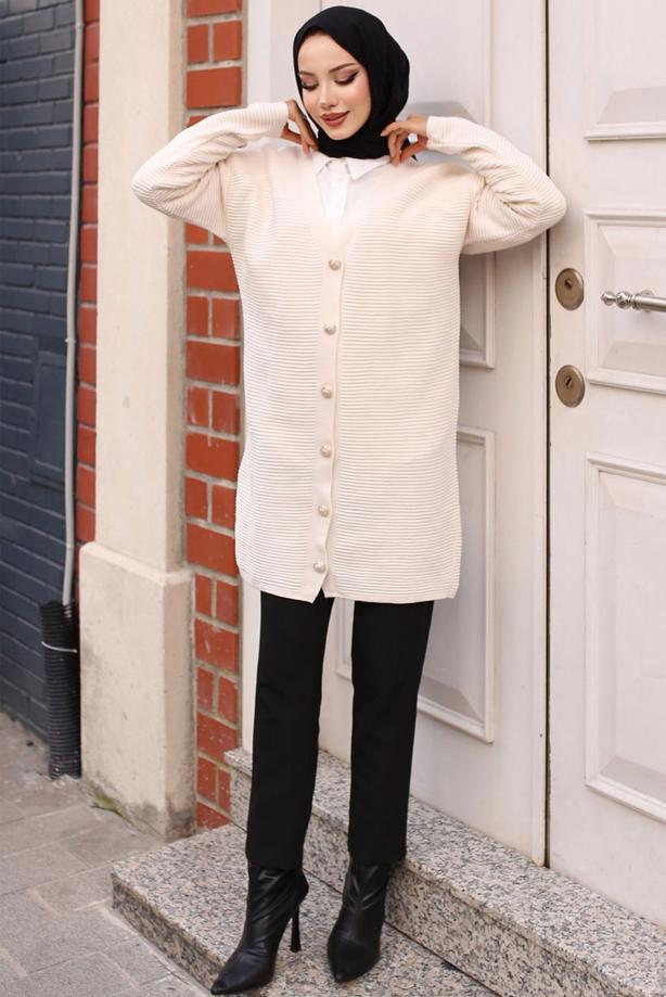 Tesettür giyim BEJ DÜĞMELİ HIRKA T 1903 - TRENDTESETTÜR