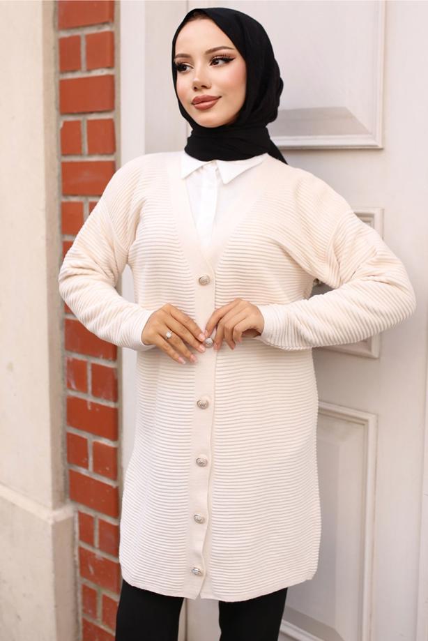 Tesettür giyim BEJ DÜĞMELİ HIRKA T 1903 - TRENDTESETTÜR