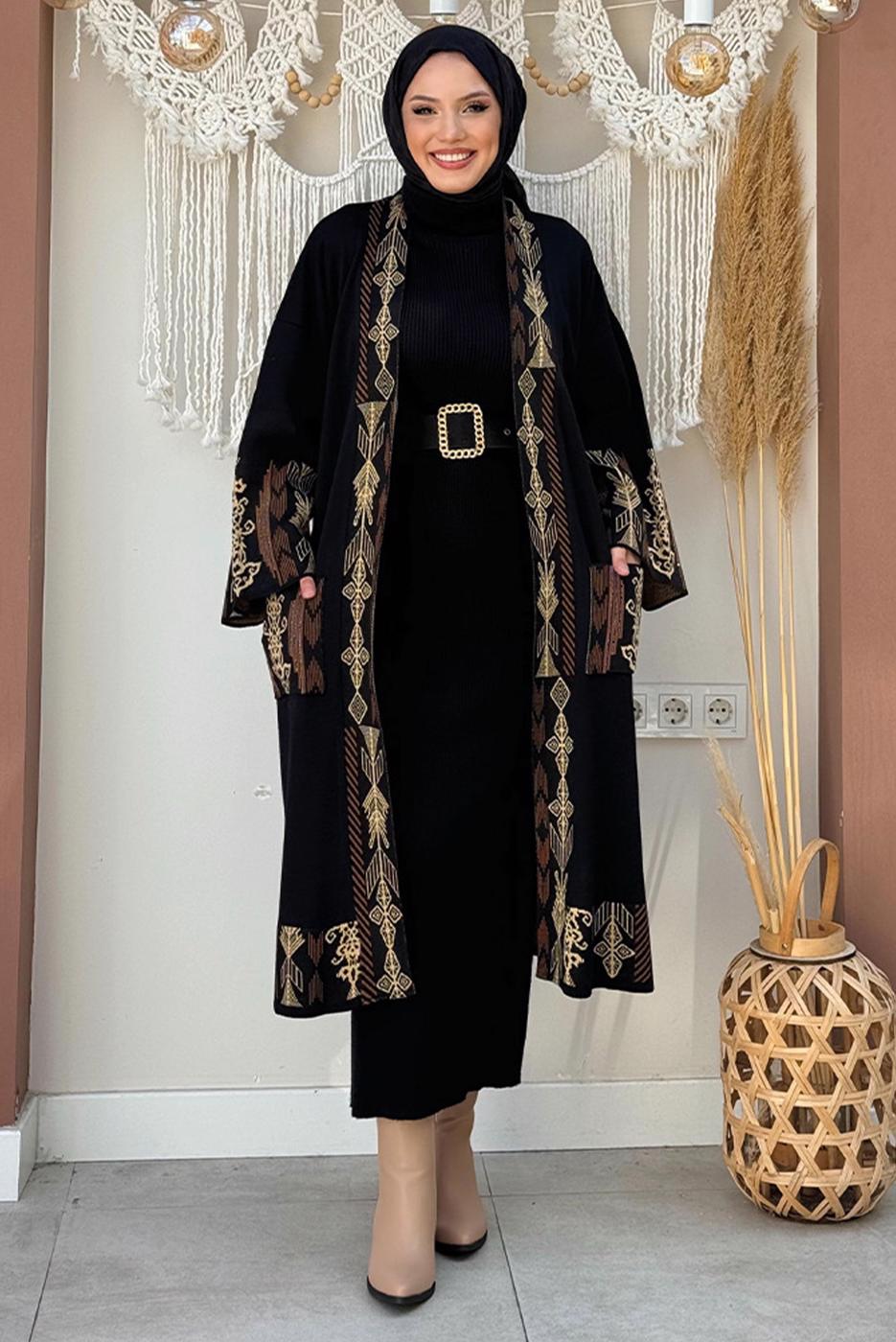 Tesettür giyim SİYAH İŞLEME DETAYLI TRİKO HIRKA T 30021