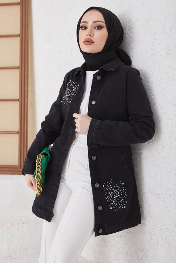Tesettür giyim SİYAH TAŞLI KOT CEKET T 3077 - TRENDTESETTÜR
