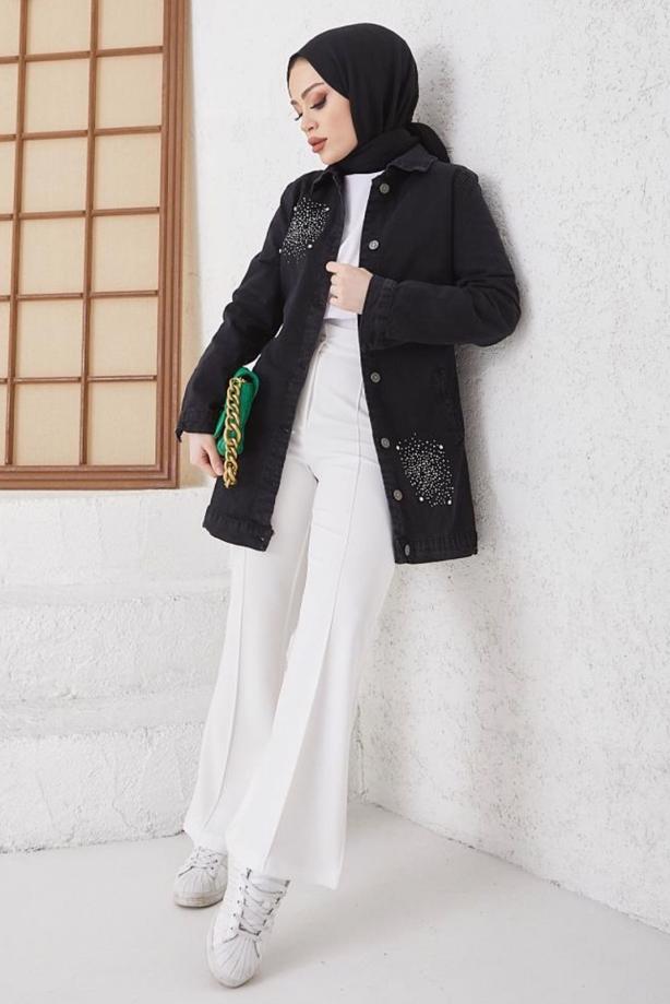 Tesettür giyim SİYAH TAŞLI KOT CEKET T 3077 - TRENDTESETTÜR