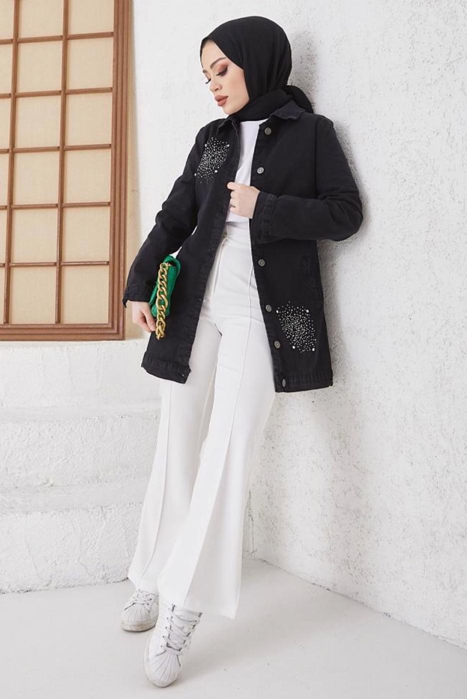 Tesettür giyim SİYAH TAŞLI KOT CEKET T 3077