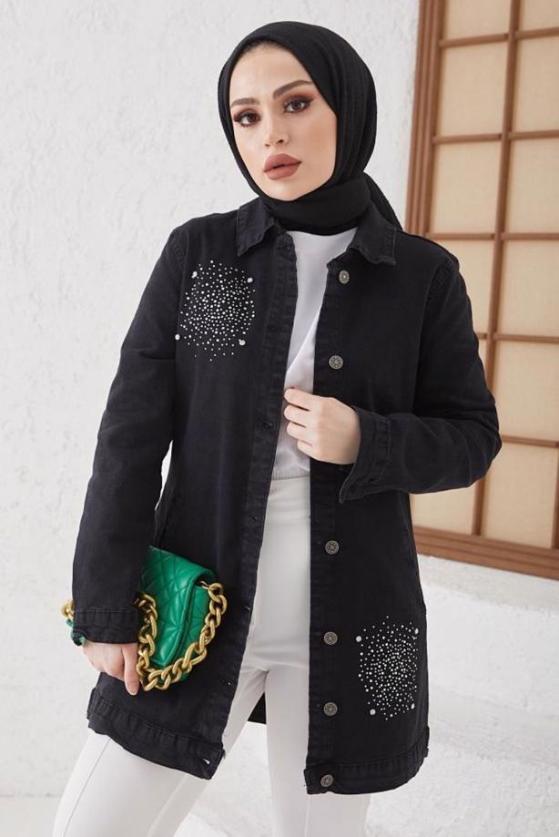 Tesettür giyim SİYAH TAŞLI KOT CEKET T 3077 - TRENDTESETTÜR