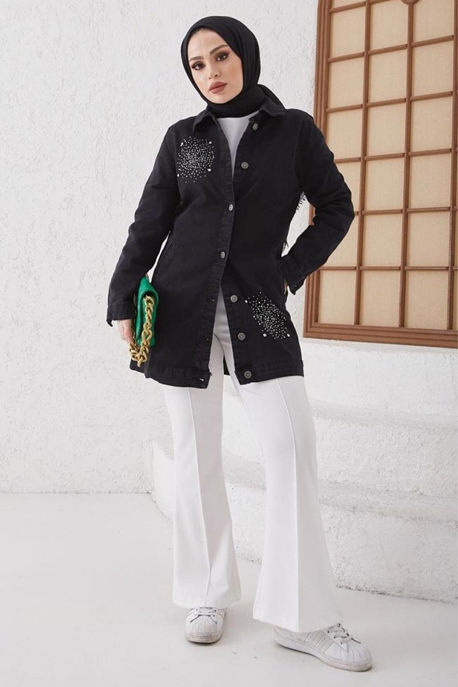 Tesettür giyim SİYAH TAŞLI KOT CEKET T 3077