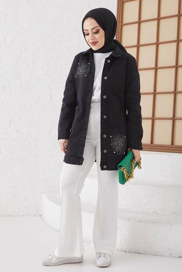 Tesettür giyim SİYAH TAŞLI KOT CEKET T 3077 - TRENDTESETTÜR