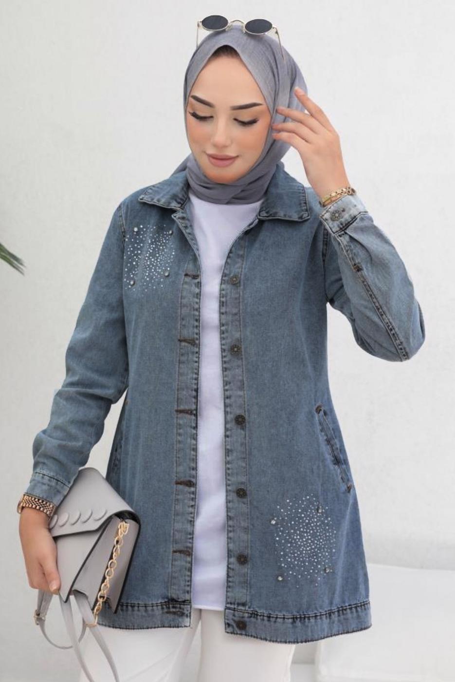 Tesettür giyim MAVİ TAŞLI KOT CEKET T 3077