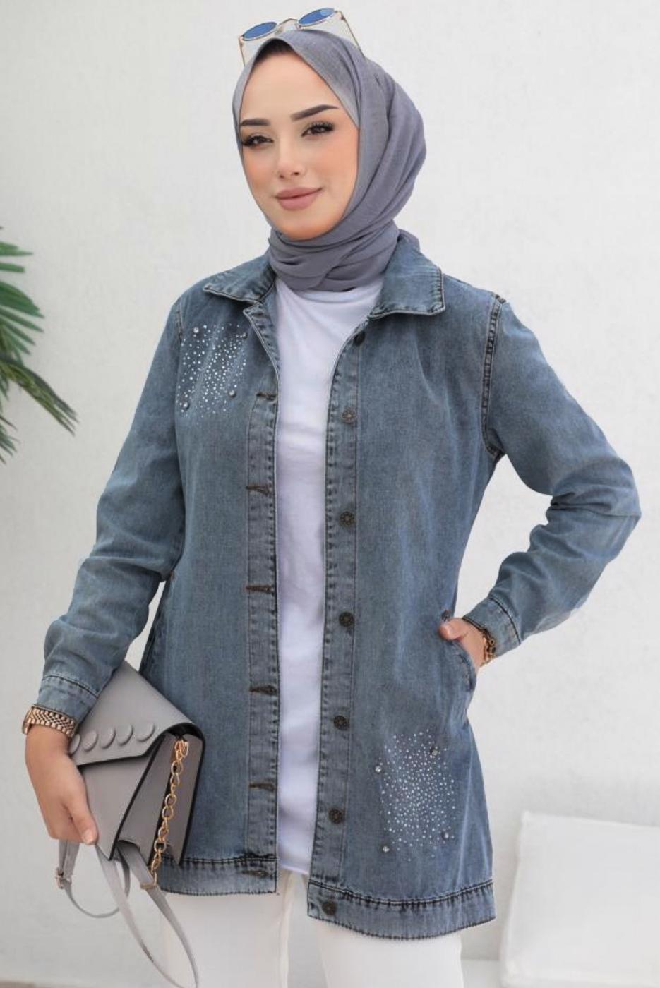 Tesettür giyim MAVİ TAŞLI KOT CEKET T 3077