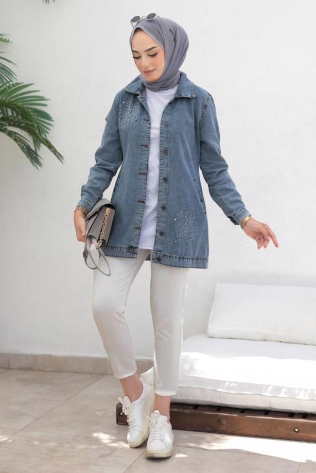 Tesettür giyim MAVİ TAŞLI KOT CEKET T 3077 - TRENDTESETTÜR