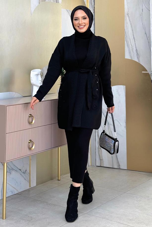 Tesettür giyim SİYAH KUŞAKLI TRİKO HIRKA T 44021 - TRENDTESETTÜR