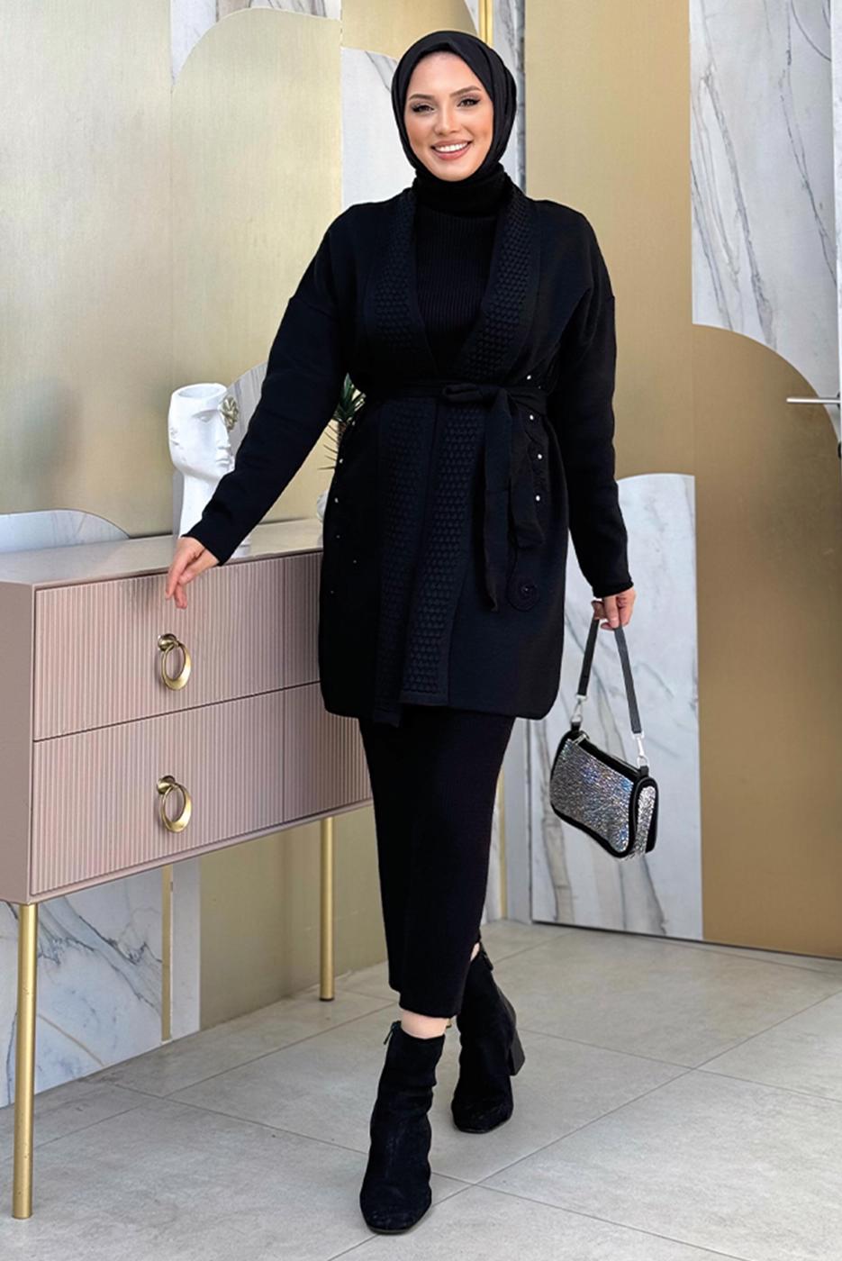 Hijab clothing BLACK BELTED KNITWEAR CARDIGAN T 44021