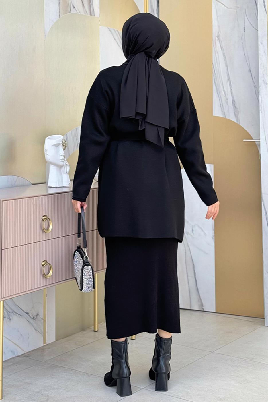 Hijab clothing BLACK BELTED KNITWEAR CARDIGAN T 44021