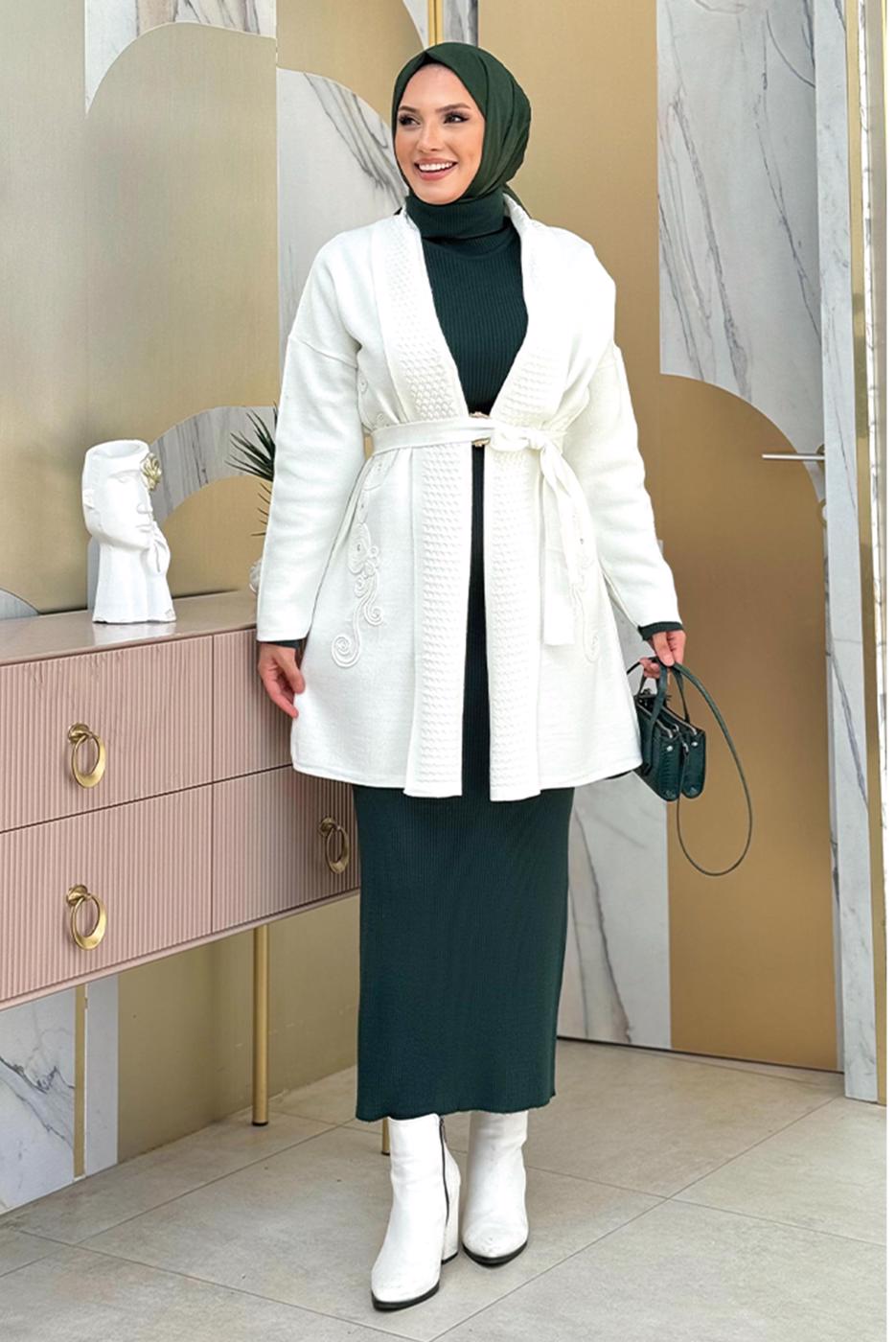 Hijab clothing ECRU BELTED KNITWEAR CARDIGAN T 44021